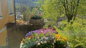 Balkon mit bunten Blumen in Töpfen und einem weiten Blick auf die grüne Berglandschaft.