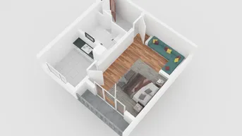 3D-Grundriss einer Wohnung mit Schlafzimmer, Wohnbereich und Küche.
