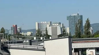 Panoramablick über die Dächer der Stadt mit markanten Hochhäusern und dem Donauturm am Horizont.