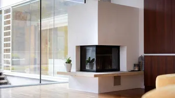 Gemütlicher Wohnbereich mit modernem Kamin und Holzboden, umgeben von großen Glasflächen.