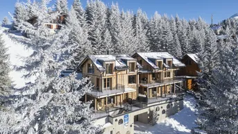 Beeindruckendes Gebäude in den Alpen, eingebettet in eine verschneite Waldlandschaft.
