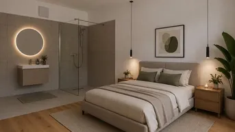 Modernes Schlafzimmer mit integriertem Duschbad, Holzboden und stilvoller Beleuchtung.
