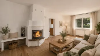 Helles Wohnzimmer mit Kamin, Holzboden und bequemer Couch, ideal zum Entspannen.