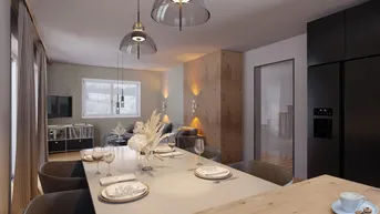 Offener Wohn-Essbereich mit integrierter Küche, Holzboden und moderner Beleuchtung.