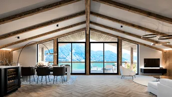 Geräumiger offener Wohn-Essbereich mit Holzbalken, Parkettboden und atemberaubendem Seeblick.