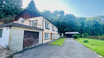 Das Haus präsentiert sich mit einer Garage, einer langen Auffahrt und umgeben von viel Grün.