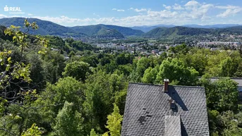 Panoramablick über das Hausdach, umgeben von grünen Bäumen, mit einer Stadt und Bergen im Hintergrund.
