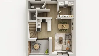 3D-Grundriss des Erdgeschosses mit offenem Wohnbereich, Küche und Loggia.