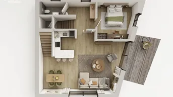 3D-Grundriss des Erdgeschosses mit offener Wohnküche, Essbereich, Schlafzimmer und Außenterrasse.