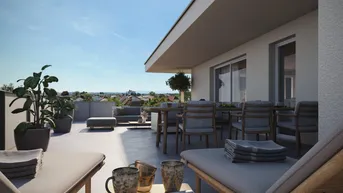 Geräumige Dachterrasse mit Ess- und Loungebereich, bietet einen weiten Blick über die Stadt und Berge.