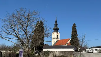 Historische Kirche mit hohem Turm und umliegenden Bäumen unter blauem Himmel.