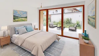 Helles Schlafzimmer mit Zugang zur Terrasse und Blick auf den grünen Außenbereich.