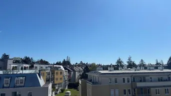 Weitblick über die umliegenden Wohngebäude und grüne Umgebung unter blauem Himmel.