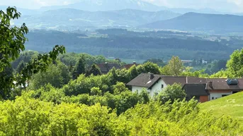 Landschaftliche Ansicht mit Häusern, umgeben von viel Grün und Bergen im Hintergrund.