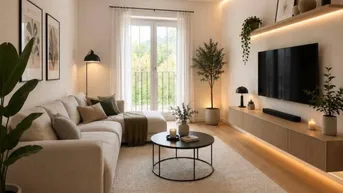 Helles Wohnzimmer mit modernem Design, Holzboden und Zugang zu einem französischen Balkon.