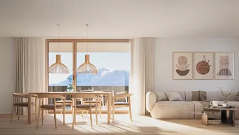 Lichtdurchfluteter Wohn-Essbereich mit Holzboden, modernen Möbeln und großem Fenster mit Bergblick.