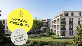 Moderne Wohngebäude mit Balkonen und gepflegten Grünflächen in einer Wohnsiedlung.