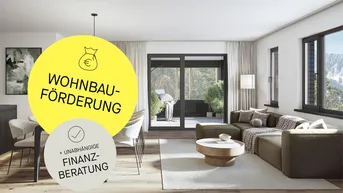 Modernes Wohn- und Esszimmer mit Holzboden, großen Fenstern und Zugang zum Balkon mit Bergblick.