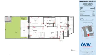 Grundriss zeigt eine Wohnung mit zwei Schlafzimmern, offenem Wohnbereich, Bad, separatem WC, Garten und Terrasse.