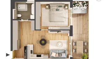 Detaillierter Grundriss einer Wohnung mit offenem Wohnbereich, Schlafzimmer und großer Terrasse.