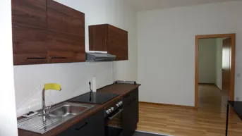 Moderne Küche mit dunklen Holzschränken, Induktionskochfeld und angrenzendem Essbereich.