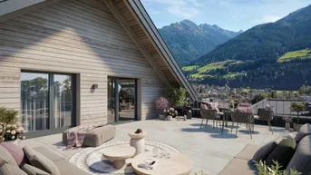 Großzügige Dachterrasse mit moderner Lounge-Möblierung und beeindruckendem Bergblick.