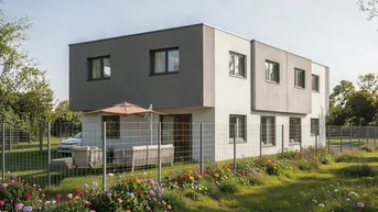 Modernes Einfamilienhaus mit Flachdach, Garten und möblierter Terrasse im Tageslicht.