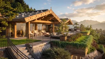 Luxuriöses Chalet mit mehreren Terrassen, gemütlichen Sitzbereichen und atemberaubendem Bergblick bei Sonnenuntergang.
