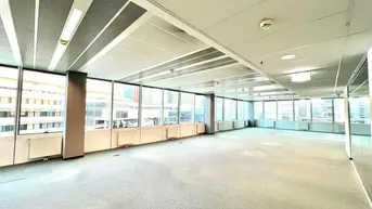 Geräumiges, leeres Büro mit Teppichboden und großen Fenstern, die viel Tageslicht hereinlassen.