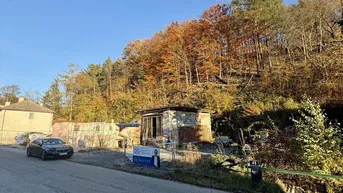 Ländliche Szene mit einem kleinen Gebäude, umgeben von Herbstbäumen und einer Straße.