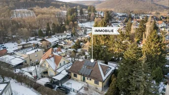 Luftaufnahme des Anwesens mit umliegender Wohnbebauung und bewaldeten Hügeln im Hintergrund.