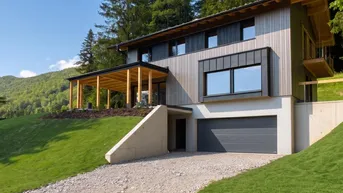 Modernes Haus mit Holzfassade, integrierter Garage und überdachtem Eingangsbereich in grüner Umgebung.