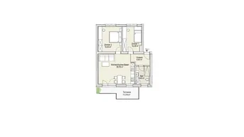 Grundriss einer Wohnung mit zwei Zimmern, Wohn-Koch-Essbereich und Terrasse.
