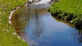 Flusslauf mit grünen Ufern, Gebäuden und Bergen im Hintergrund, bietet eine malerische Aussicht.