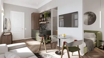 Modernes Studio-Apartment mit offener Wohnküche, Essbereich und Schlafbereich in einem Raum.