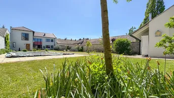 Geräumiger Gartenbereich mit Rasenfläche, einem Pool und Blick auf das moderne Hauptgebäude.