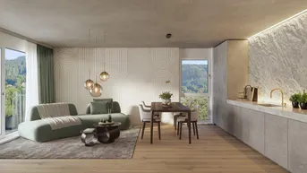Helles, offenes Wohn-Esszimmer mit integrierter Küche, Holzboden und Zugang zum Balkon mit Bergblick.