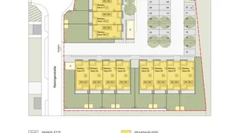 Lageplan des Bauprojekts mit Reihenhäusern, privaten Gärten, Parkplätzen und Fernwärmeversorgung.