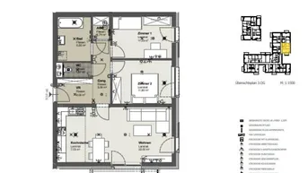 Grundriss der Wohnung TOP 46 mit Wohnzimmer, zwei Schlafzimmern, Bad, WC und Balkon.