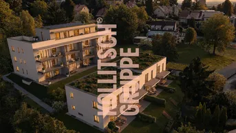 Moderne Wohngebäude mit Gründächern, Balkonen und Terrassen in einer grünen, von Bäumen umgebenen Umgebung.