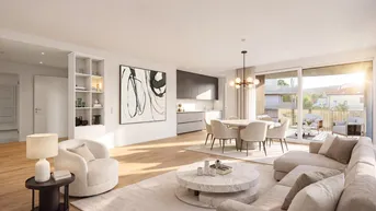Helles, offenes Wohn-Esszimmer mit integrierter Küche, Holzboden und Zugang zur Terrasse.