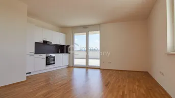 Heller offener Wohnbereich mit integrierter moderner Küche, Parkettboden und Zugang zur Terrasse.