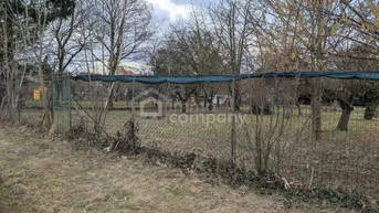 Grundstück mit einem Zaun und Tor, umgeben von Bäumen und trockenem Gras unter bewölktem Himmel.