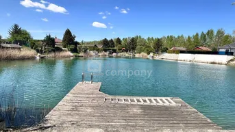 Blick auf den See mit einem Holzsteg, umgeben von grüner Natur und Häusern am Ufer.