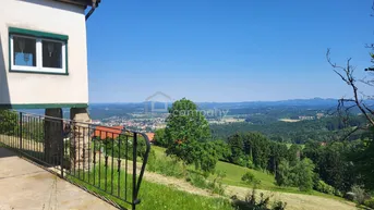 Blick von der Hausseite über eine weite grüne Landschaft mit fernen Ortschaften unter blauem Himmel.