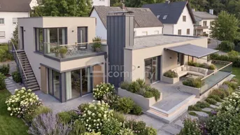 Moderne Villa mit Flachdach, großer Terrasse, Balkon und gepflegtem Garten in grüner Umgebung.