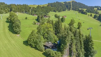 Luftaufnahme eines Hauses in einer grünen Berglandschaft mit vielen Bäumen und Skipisten.