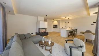 Modernes offenes Wohnzimmer mit Kamin, Holzboden und integrierter Küche.