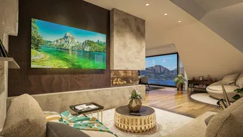 Gemütliches Wohnzimmer mit modernem Kamin, Fernseher und großen Fenstern mit beeindruckendem See- und Bergblick.