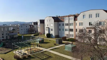 Blick auf die Wohnanlage mit gepflegtem Gemeinschaftsgarten und Kinderspielplatz unter blauem Himmel.